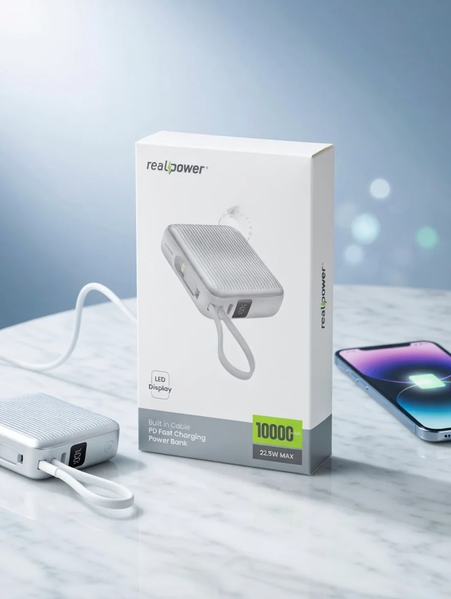 Realpower Dahili Kablolu Powerbank – 10000 mAh, 22.5W PD Hızlı Şarj, LED Ekran